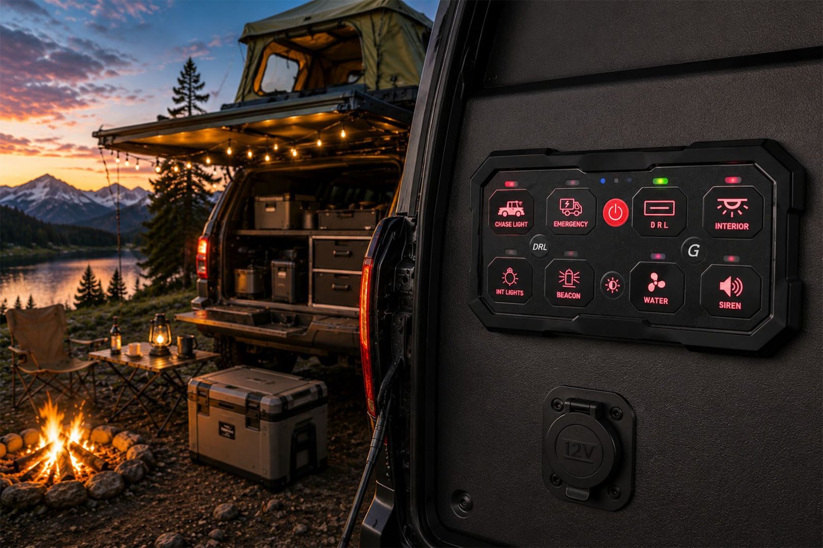 Off-grid touring vehicle with rooftop camping equipment